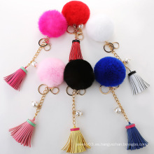 Piel de piel al por mayor borla borla keychain piel pom keychain pelota de pelota